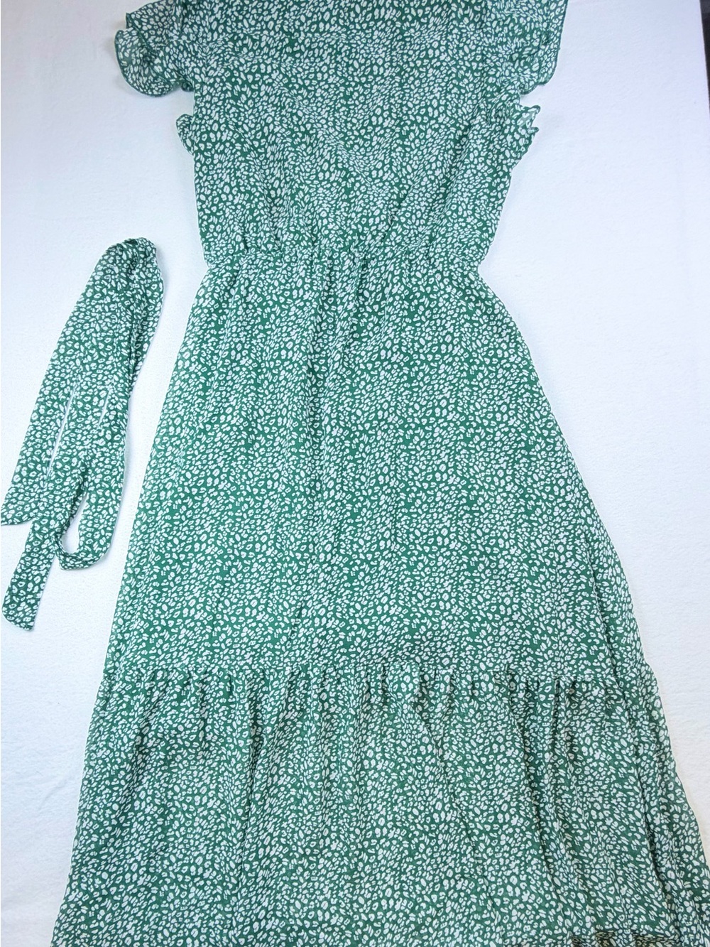 BTFBM Green White Animal Print Ruffle Short Sleeve Midi Dress Medium M - Picture 9 of 9